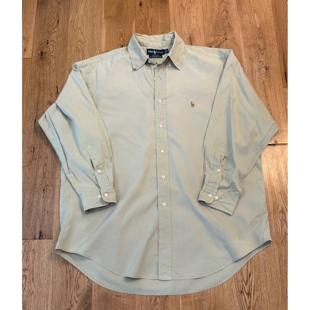Ralph Lauren Yarmouth Khaki Tan Pinpoint Oxford Shirt 16.5 32/33 L *Stain OCBD